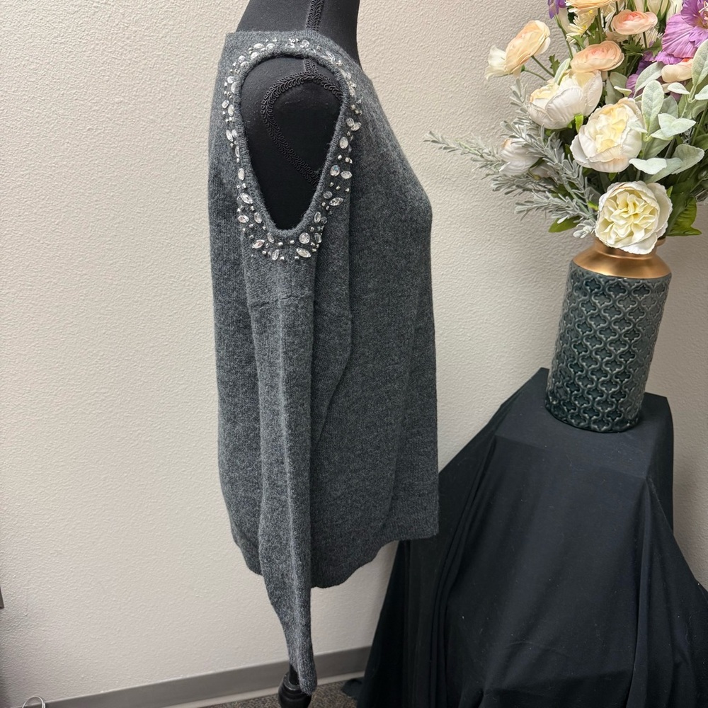 INC Gray Embellished Cutout Shoulder Sweater L Sparkle Detail Winter Chic - Picture 4 of 9